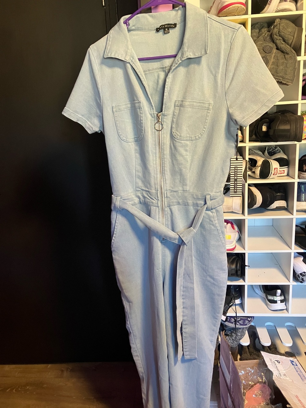 Basic Editions Light Blue Short Sleeve Zip Jumpsuit with Tie Waist